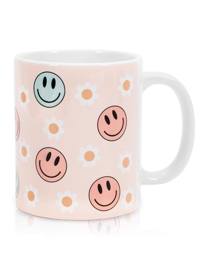 Whaline Smile Face And Flower Mug 11oz Ceramic Coffee Mug Pink Printed Drinking Milk Tea Mug Cup with Handle for Home Office Kitchen Party Supplies - Image 1