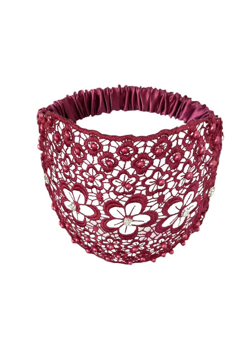 Generic Beaded Rhinestone Headband Wide Womens Hairband Burgundy beaded flower style 
