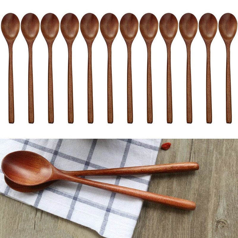 TEAMWILL Wooden Spoons 12 Pieces 9 Inch Wood Soup Spoons for Eating Mixing Stirring Long Handle Spoon with Japanese Style Kitchen Utensil