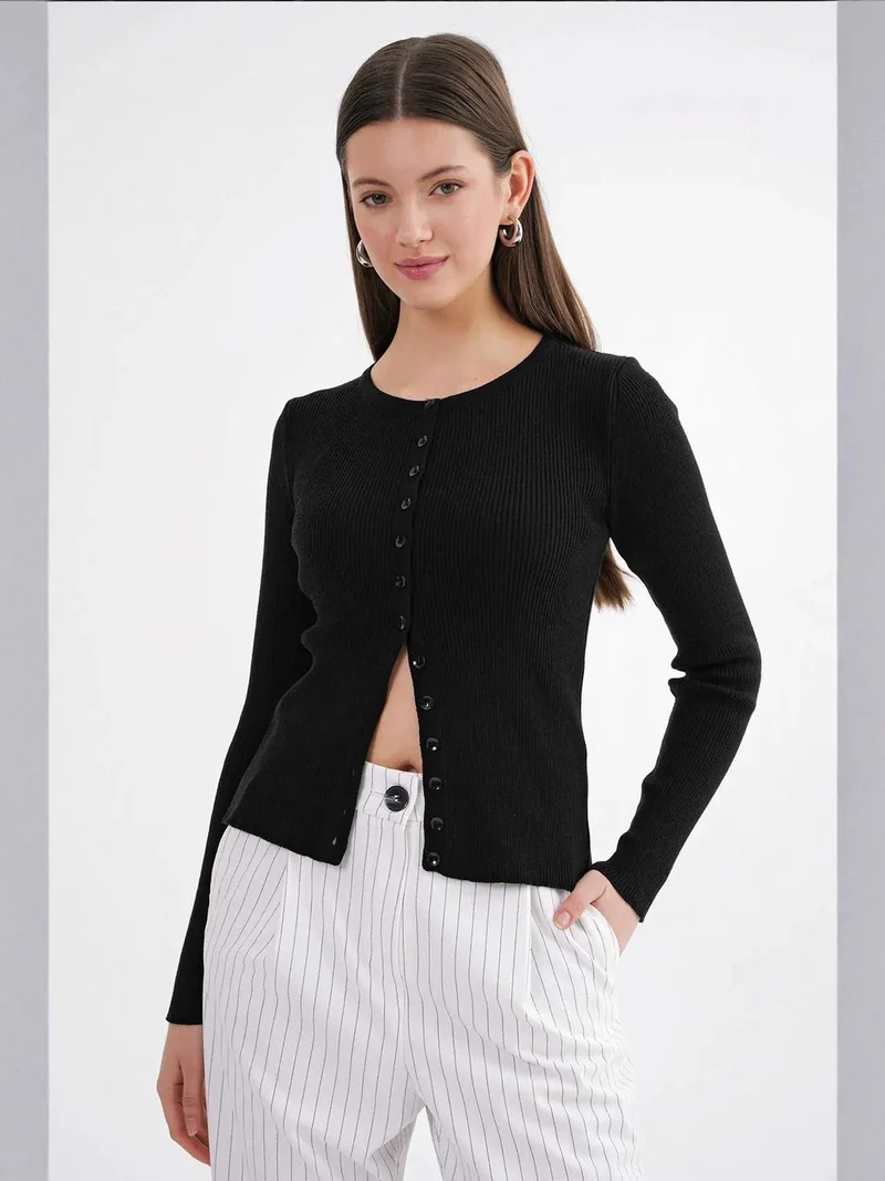 MixRay Mixray Buttoned Slim Fit Ribbed Knit Cardigan