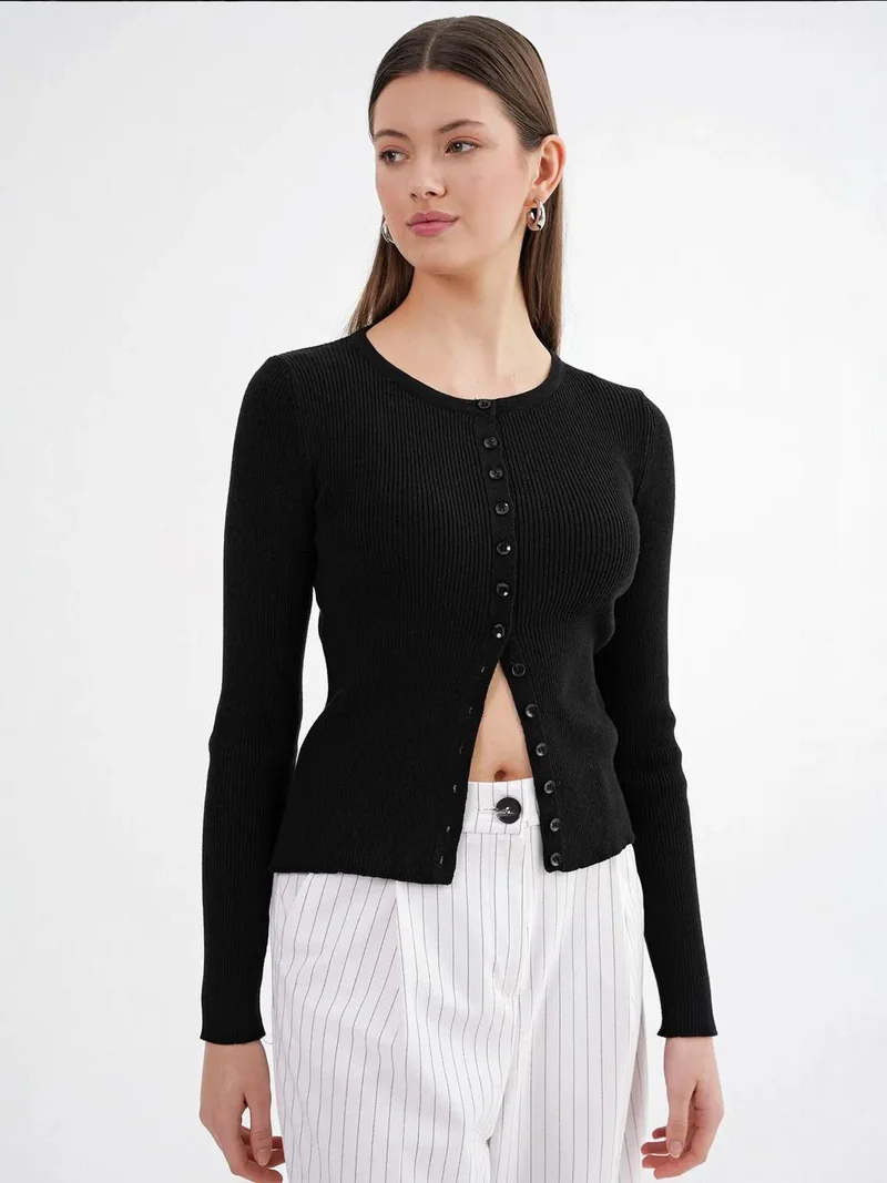 Mixray Black Mixray Buttoned Slim Fit Ribbed Knit Cardigan for Women | Best Price UAE