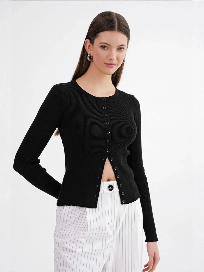 Mixray Black Mixray Buttoned Slim Fit Ribbed Knit Cardigan for Women | Best Price UAE