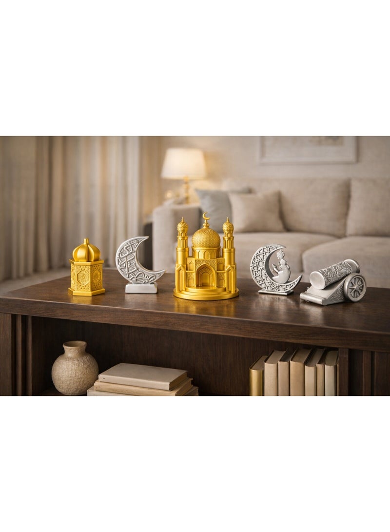طقم تحف ديكورية إسلامية من الريزن – 5 قطع – ديكور منزلي وديكور رمضان – جامع، هلالين، مدفع رمضاني وقبة - Image 1