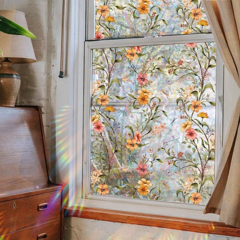 Yeysynana Static Cling Window Film - Wildflower Stained Glass Decorative Privacy Cover, No Adhesive Window Clings for Home Office Bedroom Glass Windows Door Stickers, 15.75 x 39.37 Inches - Image 1