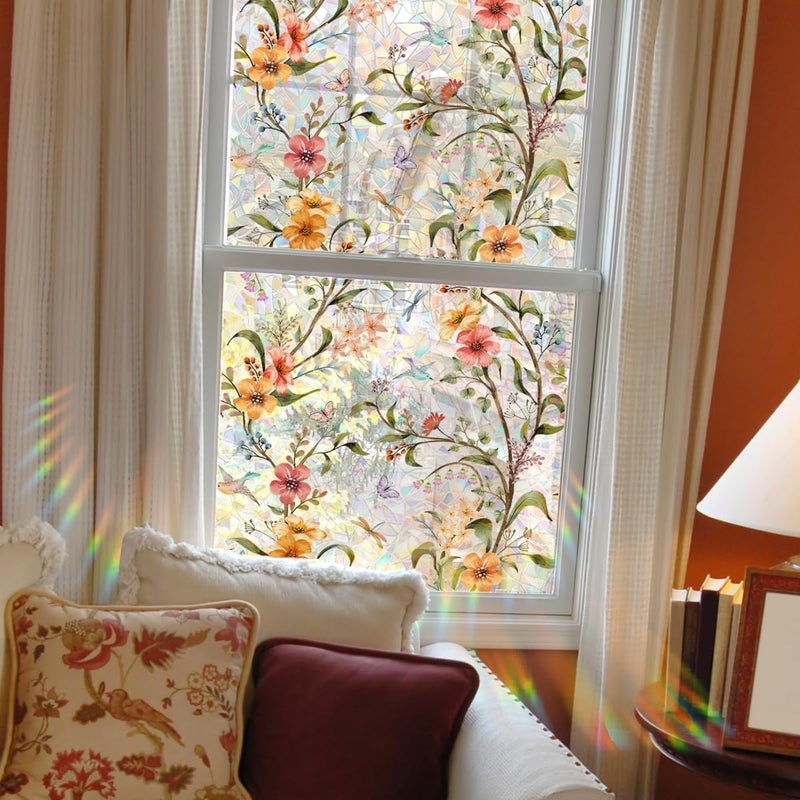 Yeysynana Static Cling Window Film - Wildflower Stained Glass Decorative Privacy Cover, No Adhesive Window Clings for Home Office Bedroom Glass Windows Door Stickers, 15.75 x 39.37 Inches - Image 3