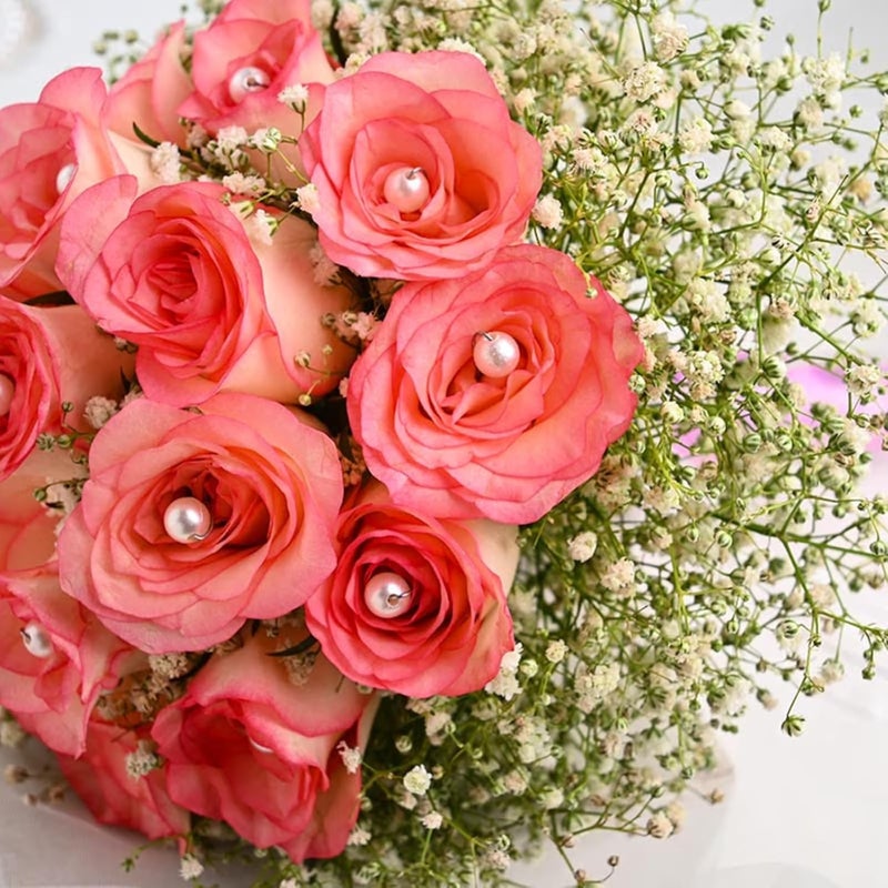 FlowerAura Fresh Live Flower Bouquet of 12 Pink Pearl Roses For Birthday Gift Anniversary Gift Wedding Gift Valentines Day Gift Baby Shower Gift Bridal Bouquet For Bride Same Day Delivery - Image 5