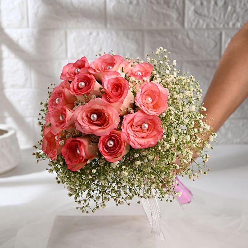 FlowerAura Fresh Live Flower Bouquet of 12 Pink Pearl Roses For Birthday Gift Anniversary Gift Wedding Gift Valentines Day Gift Baby Shower Gift Bridal Bouquet For Bride Same Day Delivery - Image 1