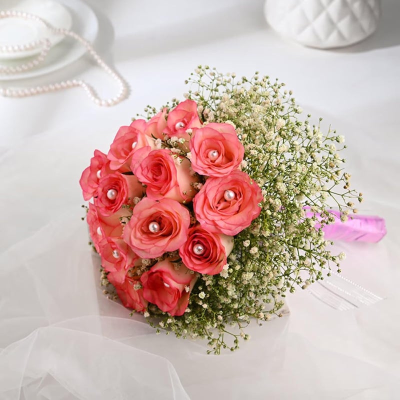 FlowerAura Fresh Live Flower Bouquet of 12 Pink Pearl Roses For Birthday Gift Anniversary Gift Wedding Gift Valentines Day Gift Baby Shower Gift Bridal Bouquet For Bride Same Day Delivery - Image 4