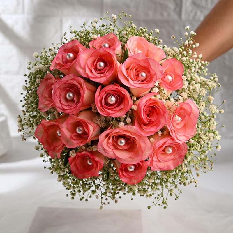 FlowerAura Fresh Live Flower Bouquet of 12 Pink Pearl Roses For Birthday Gift Anniversary Gift Wedding Gift Valentines Day Gift Baby Shower Gift Bridal Bouquet For Bride Same Day Delivery - Image 2