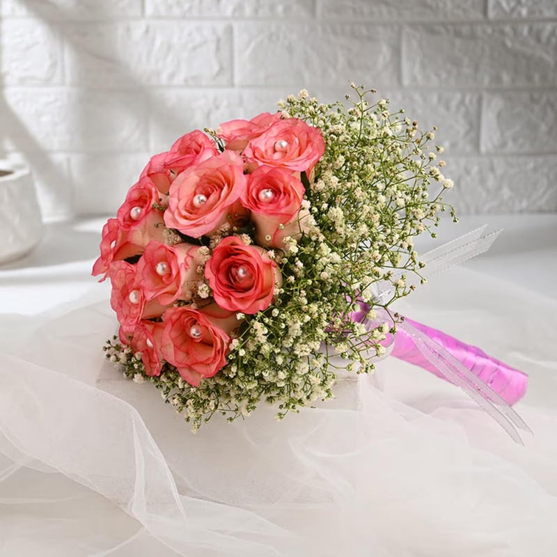 FlowerAura Fresh Live Flower Bouquet of 12 Pink Pearl Roses For Birthday Gift Anniversary Gift Wedding Gift Valentines Day Gift Baby Shower Gift Bridal Bouquet For Bride Same Day Delivery - Image 3