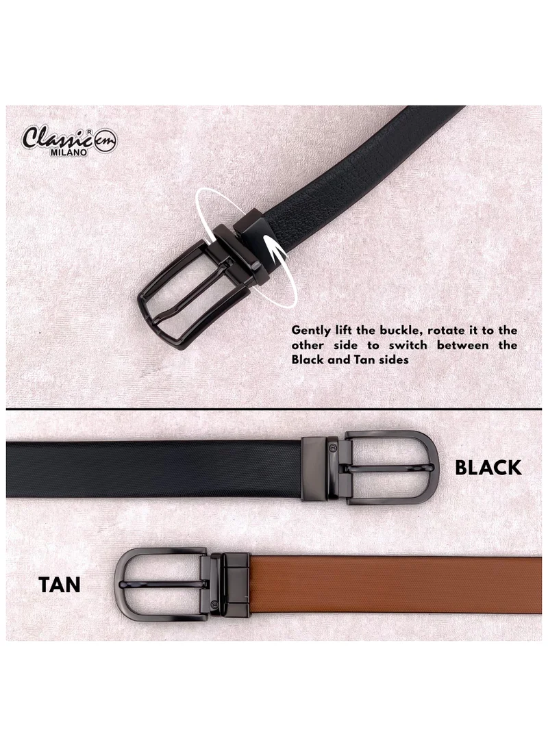 Classic Milano Black Tan (Bali) Classic Milano Genuine Leather Reversible Belt for Men, Black & Brown Formal Men's Belt for Business or Office Wear, Men's Leather Belt with Gift Box | 2 in 1 Belt (Pack of 1) for Men | Best Price UAE
