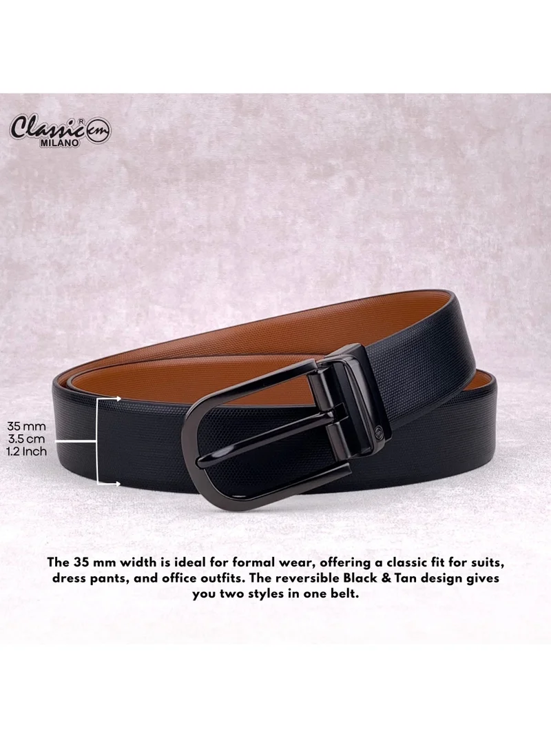 Classic Milano Black Tan (Bali) Classic Milano Genuine Leather Reversible Belt for Men, Black & Brown Formal Men's Belt for Business or Office Wear, Men's Leather Belt with Gift Box | 2 in 1 Belt (Pack of 1) for Men | Best Price UAE