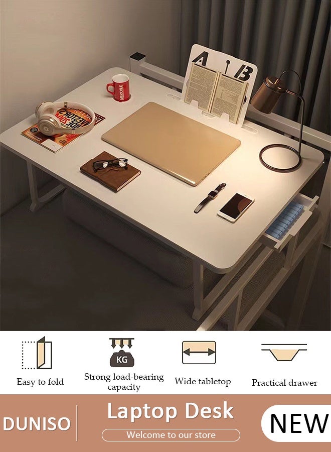 DUNISO Portable Folding Laptop Desk for Bed，Foldable and Lightweight Table ，Extra-Large Bed Desk with Flat Surface, Device Slot, Cup Holder, and Storage Drawer - for Bed,Suitable for Indoor and Outdoor Use, Study, Reading, Dining - Image 1