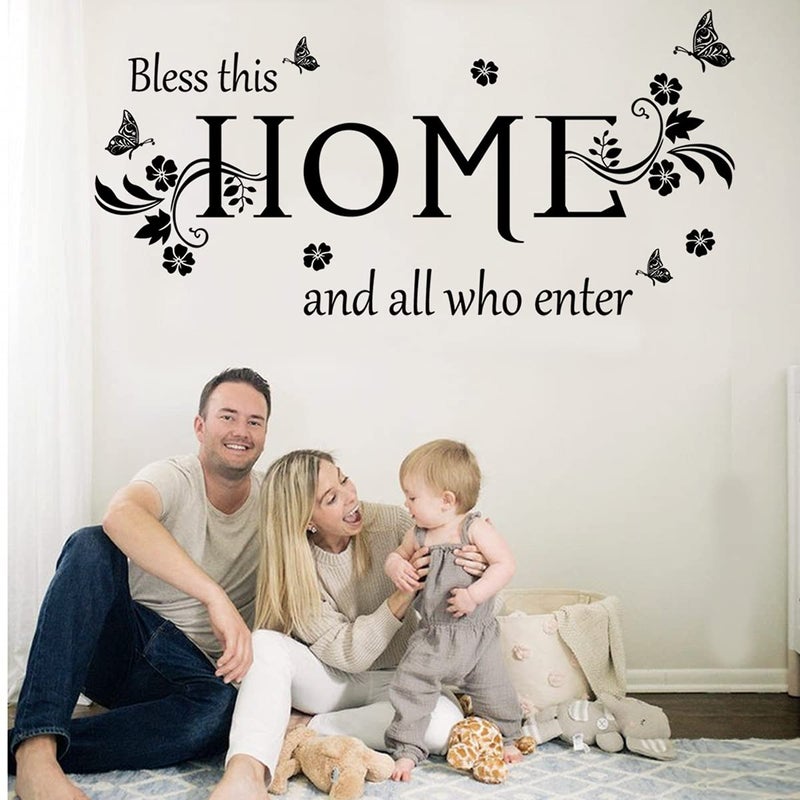 Casa Decor Black Vinyl Wall Sticker Wall Word Quotes Bless This Home and All who Enter Wall Decals Flowers Butterfly Wall Decor Sticker for Entryway Living Room Home Decor. - Image 3