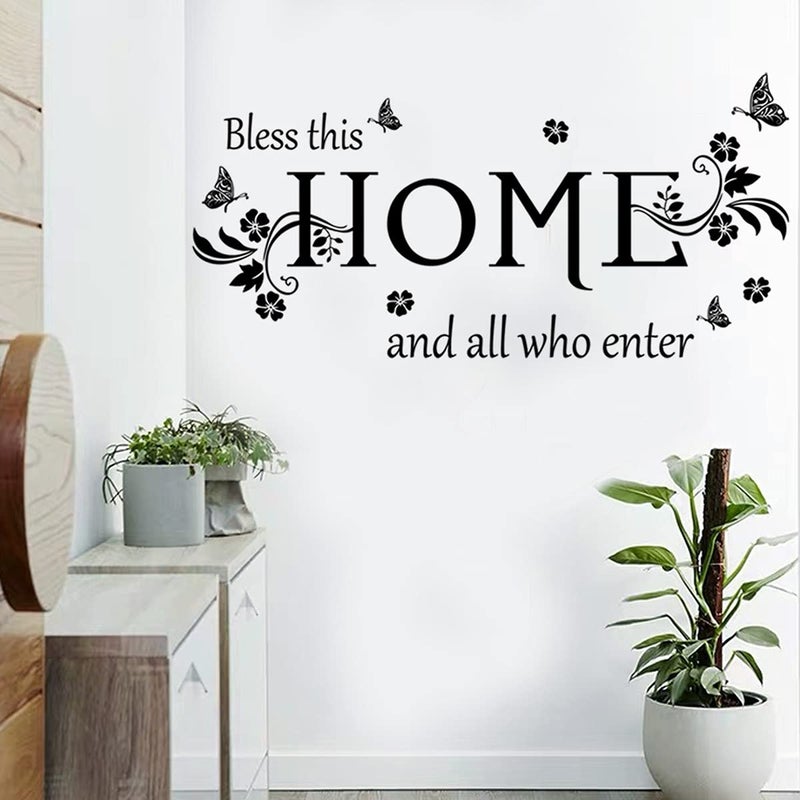 Casa Decor Black Vinyl Wall Sticker Wall Word Quotes Bless This Home and All who Enter Wall Decals Flowers Butterfly Wall Decor Sticker for Entryway Living Room Home Decor. - Image 4
