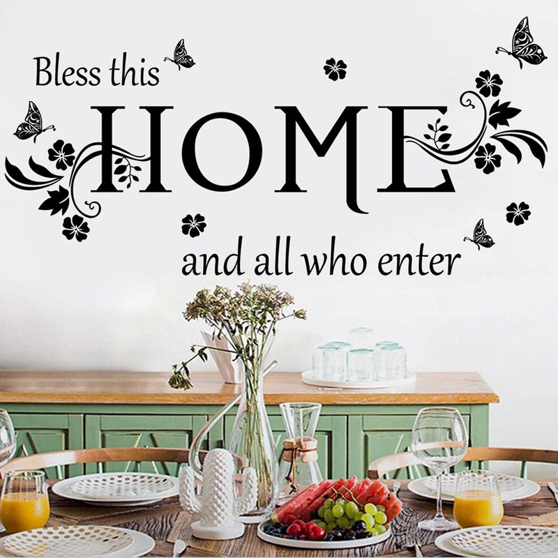 Casa Decor Black Vinyl Wall Sticker Wall Word Quotes Bless This Home and All who Enter Wall Decals Flowers Butterfly Wall Decor Sticker for Entryway Living Room Home Decor. - Image 2