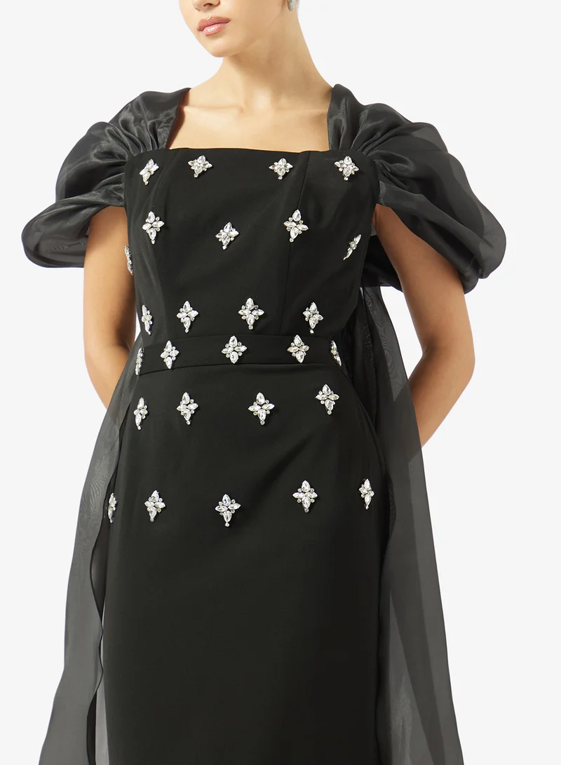 Akadia Fashion  SQUARE NECK RIBBON BACK CREPE DRESS for Women | Best Price UAE