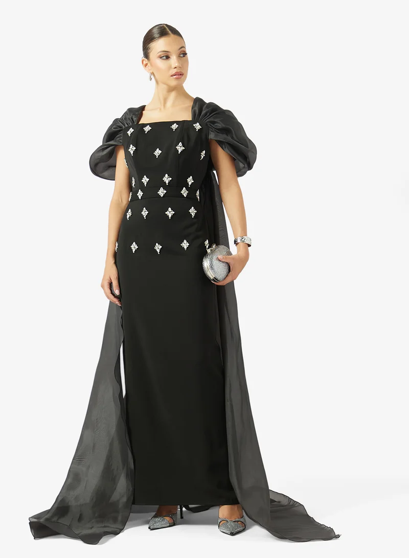 Akadia Fashion  SQUARE NECK RIBBON BACK CREPE DRESS for Women | Best Price UAE