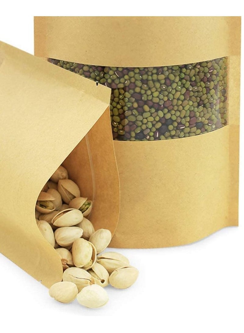 Generic 50Pcs Self Sealing Sealable Packaging Paper Bags 20*30cm Waterproof Transparent Window Brown Stand Up Zipper Pouches Can Reusable for Food Tea Coffee bags Beans Nuts Seeds Dried Fruits Pouch  - Image 1