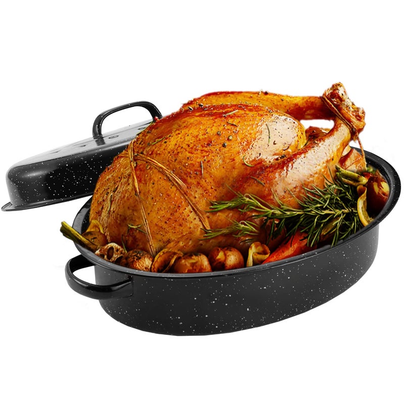 JY COOKMENT جاي واي كوكمنت 15.7" صينية مستديرة مينا مع غطاء مقبب - للدجاج، الديك الرومي، لحم الخنزير، آمنة في غسالة الصحون - Image 2
