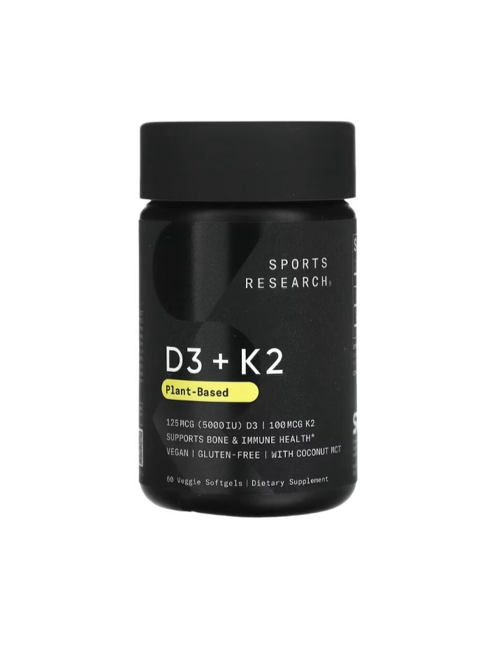 Sports Research Vegan Vitamin D3 + K2 Plant Based Supplement 5000 IU 60 Veggie Softgels
