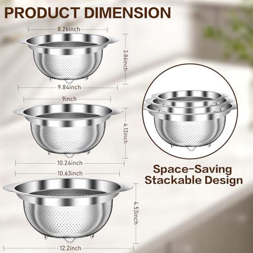 STOCKPOT Stainless Steel Colander for Kitchen Stainless Steel Strainer Pasta Strainer for Spaghetti Fruit Cooking Food 3 Pcs Strainers and Colanders2QT 3QT 5QT Dishwasher Safe Kitchen Present - Image 3