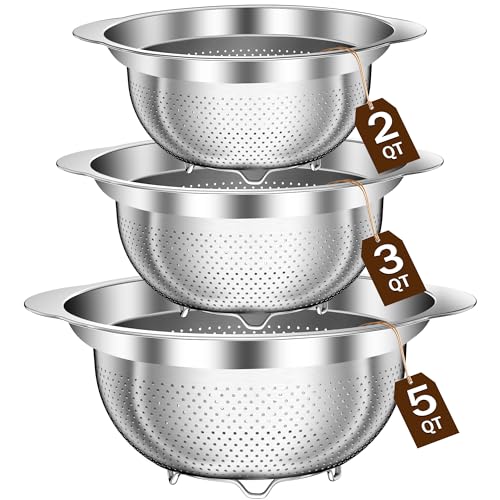STOCKPOT Stainless Steel Colander for Kitchen Stainless Steel Strainer Pasta Strainer for Spaghetti Fruit Cooking Food 3 Pcs Strainers and Colanders2QT 3QT 5QT Dishwasher Safe Kitchen Present - Image 1