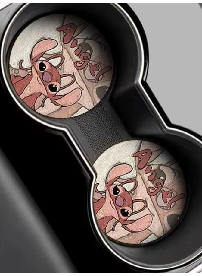 قطعتين قاعدة اكواب سيارة مانعه للانزلاق بتصميم شخصية ستيتش الكرتونية اكسسوار وزينة سيارة مميزة