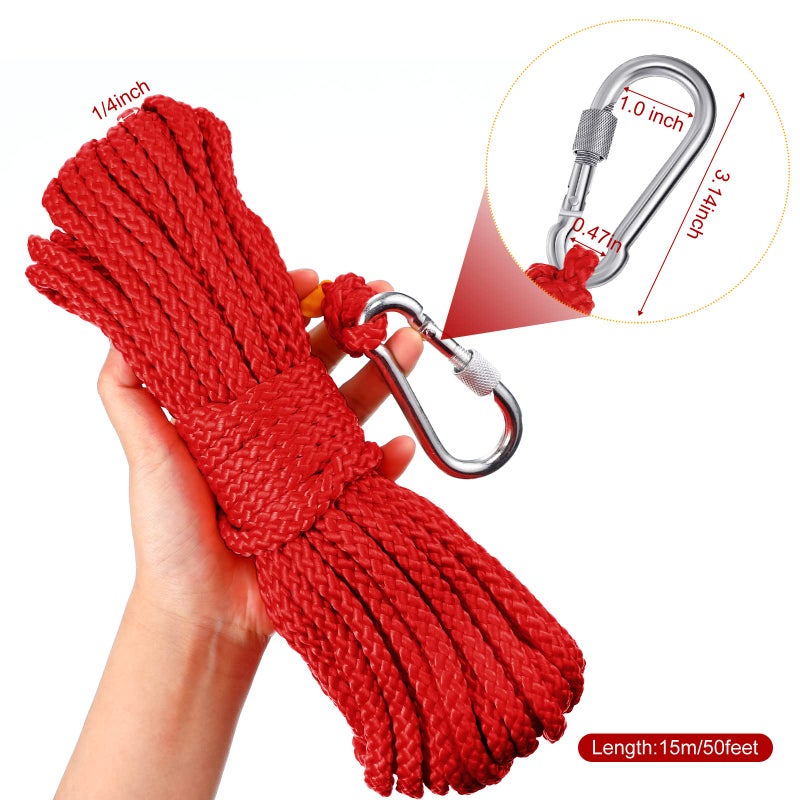 Shappy Hollow Braided Polypropylene Line Rope Heaving Line with Spring Hook for Pool, Life Preserver Ring, Boat Anchor, Multipurpose Clothelines(15 m/ 16.4 Yards,Red) - Image 2