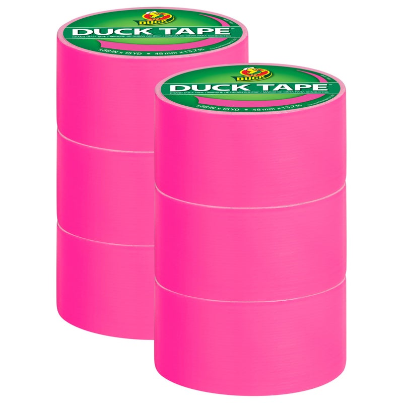Duck Brand Duck Color Duct Tape, 1.88 Inches x 15 Yards, 6-Roll, Neon Pink (1265016_C) - Image 1