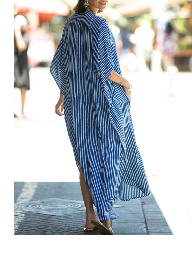 Excefore Maxi Bohemian Dress, Kimono, Beach Coverup, Women's Long Clothes, for Evening Wear, Summer Wear, Lounging at Home or Even as Sleepwear Amazing Gift for Ladies, One Size Fits Most (Blue) - Image 2