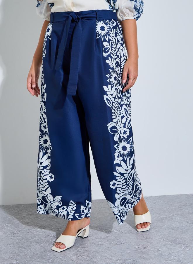 Styli Plus Size Women Navy Blue Floral Wide Leg Trousers - Image 2
