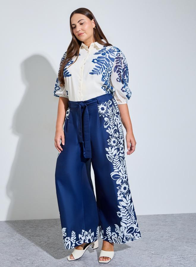 Styli Plus Size Women Navy Blue Floral Wide Leg Trousers - Image 1