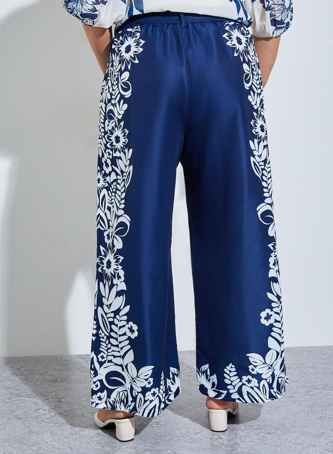 Styli Plus Size Women Navy Blue Floral Wide Leg Trousers - Image 4