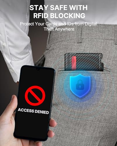 typecase محفظة للرجال: مانعة لتقنية RFID مع مشبك نقود جلد رفيع قابل للطي مع نافذة هوية وعلبة بطاقات ذكية قابلة للظهور لمحفظة جيب أمامية مع صندوق هدايا (ألياف كربونية سوداء) - Image 5