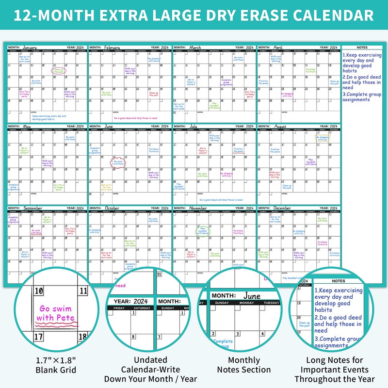 Lemome Large Dry Erase Calendar for Wall - Undated 12 Month Wall Calendar, 37”×58", Yearly Wall Calendar Dry Erase, Erasable & Reusable Calendar with 15 Round Stickers, Green Large Wall Calendar Dry Erase - Image 2