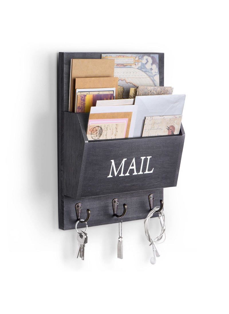 DLQuarts DLQuarts Mail Organizer with Key Holder for Wall Mail Sorter Wall Mounted Decorative Wooden Key and Mail Holder with 3 Hooks Black 