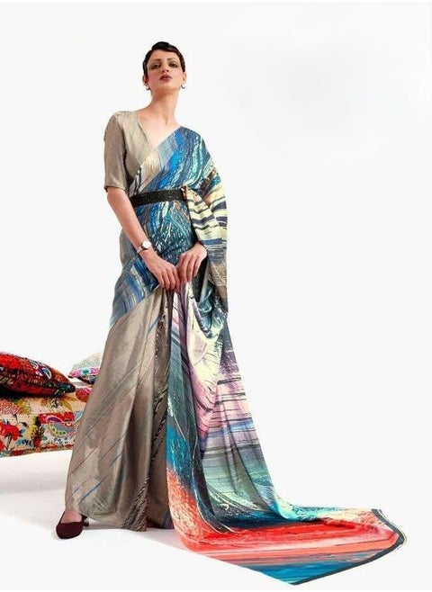 Satin Multicolour Printed Saree With Gold Base And Unstitched Blouse