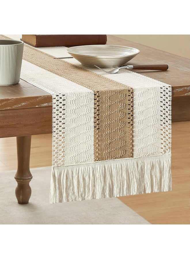 Zeemey Bohemian Chic Table Runner, Farmhouse Rustic Cream Brown Color Design, Infuses Boho Flair to Home Decor, Macrame Crochet Polyester Table Runner with Tassels, for Boho Dining Room, Bedroom Decor, Living Room Decor, Bedroom Decoration, Tassel Trim，30*200cm - Image 1