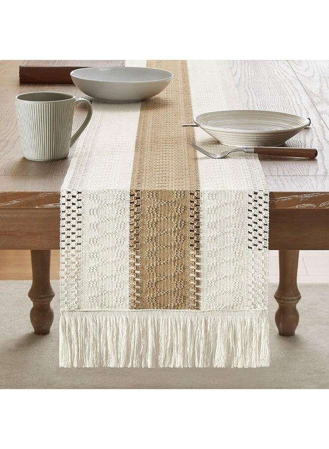 Zeemey Bohemian Chic Table Runner, Farmhouse Rustic Cream Brown Color Design, Infuses Boho Flair to Home Decor, Macrame Crochet Polyester Table Runner with Tassels, for Boho Dining Room, Bedroom Decor, Living Room Decor, Bedroom Decoration, Tassel Trim，30*200cm - Image 3