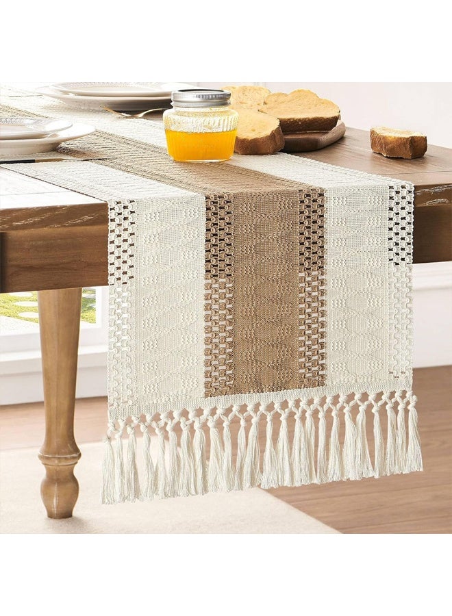 Zeemey Bohemian Chic Table Runner, Farmhouse Rustic Cream Brown Color Design, Infuses Boho Flair to Home Decor, Macrame Crochet Polyester Table Runner with Tassels, for Boho Dining Room, Bedroom Decor, Living Room Decor, Bedroom Decoration, Tassel Trim，30*200cm - Image 4