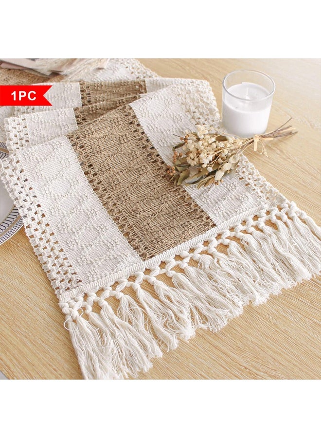 Zeemey Bohemian Chic Table Runner, Farmhouse Rustic Cream Brown Color Design, Infuses Boho Flair to Home Decor, Macrame Crochet Polyester Table Runner with Tassels, for Boho Dining Room, Bedroom Decor, Living Room Decor, Bedroom Decoration, Tassel Trim，30*200cm - Image 5