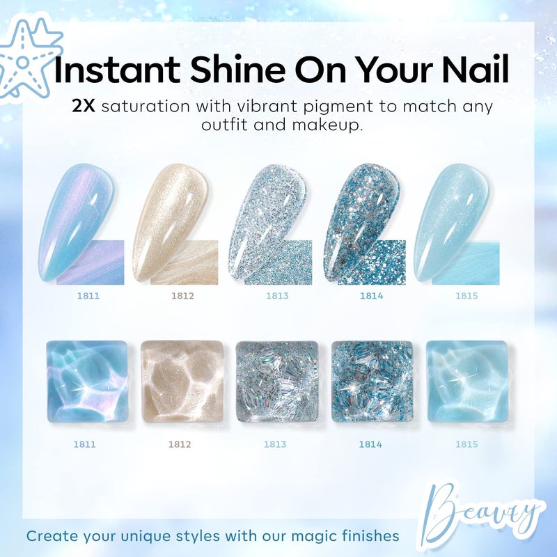 Modelones Gel Nail Polish Set,Mermaid 6 Pcs Blue Silver Glitter Gel Nail Polish Mint Green Shimmer Nail Polish Soak Off Spring Summer Baby Blue Gel Polish LED Nail Art DIY Salon Manicure Gift for Girl - Image 2