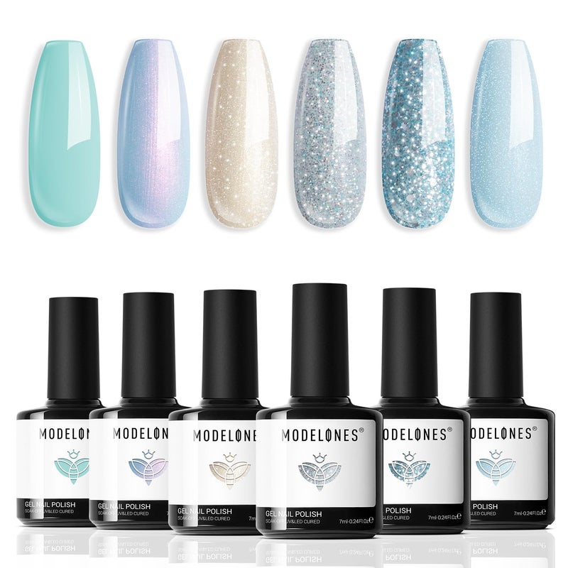Modelones Gel Nail Polish Set,Mermaid 6 Pcs Blue Silver Glitter Gel Nail Polish Mint Green Shimmer Nail Polish Soak Off Spring Summer Baby Blue Gel Polish LED Nail Art DIY Salon Manicure Gift for Girl - Image 1