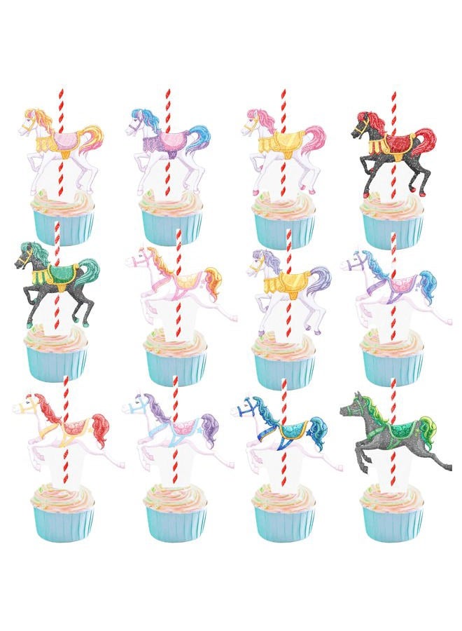 umoni Carousel Horse Cupcake Toppers Carousel Birthday Party Decorations 48Pcs Colorful Carousel Horse Party Cupcake Picks Amusement Carousel Party Decorations for Baby Shower Party Supplies - Image 2