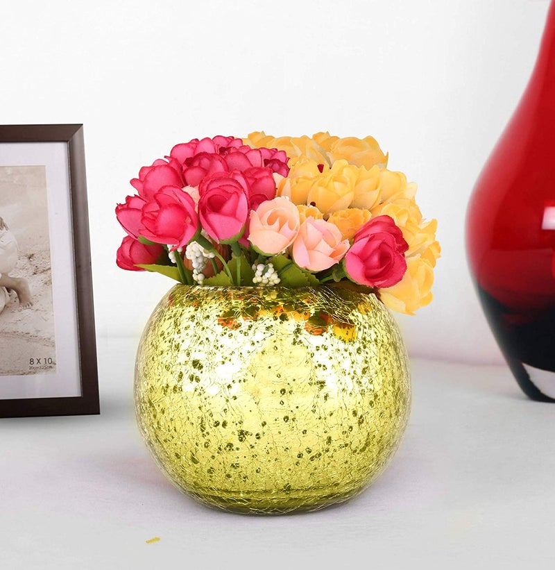 DECENT GLASS Crackle Glass Bubble Bowl Rose Bowl Crack Glass Round Vase Events Decorating Home Decor or Office Decor 6 inch Gold