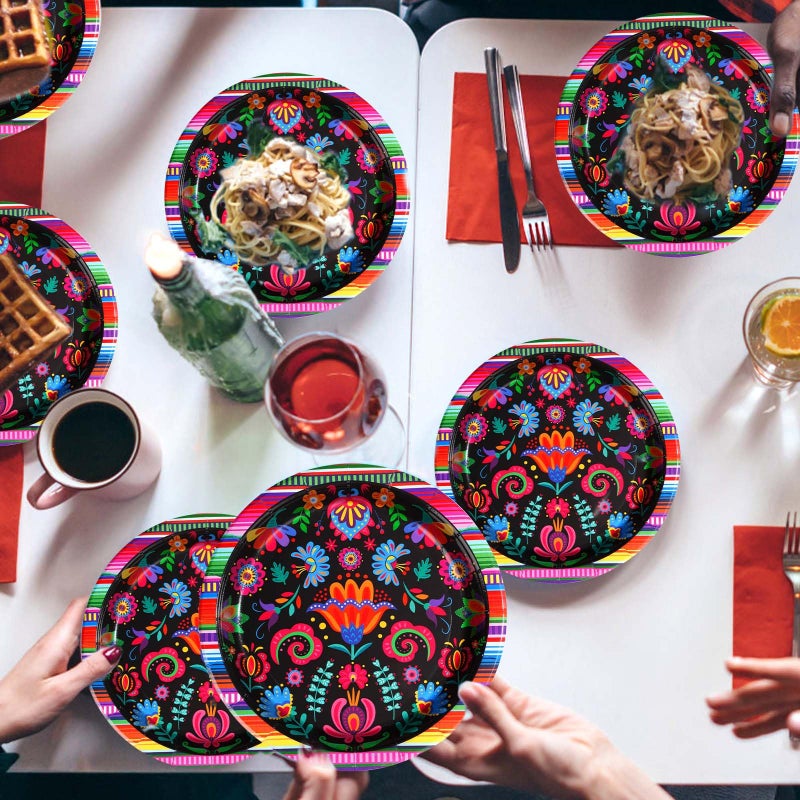 Grencian 50 قطعة أطباق مكسيكية فييستا - 9"" قابلة للاستخدام مرة واحدة 350 جرام لكل متر مربع بتصميم ماندالا الملون لعيد Cinco De Mayo وكرنفال التاكو وحفلات عيد الميلاد واستحمام الأطفال - Image 4