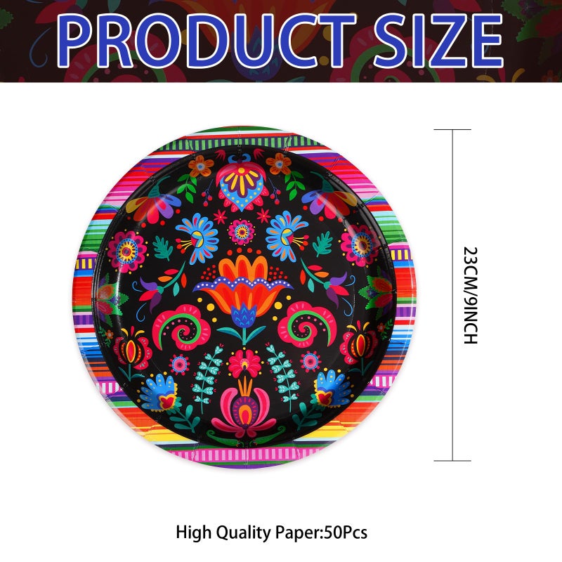 Grencian 50 قطعة أطباق مكسيكية فييستا - 9"" قابلة للاستخدام مرة واحدة 350 جرام لكل متر مربع بتصميم ماندالا الملون لعيد Cinco De Mayo وكرنفال التاكو وحفلات عيد الميلاد واستحمام الأطفال - Image 1