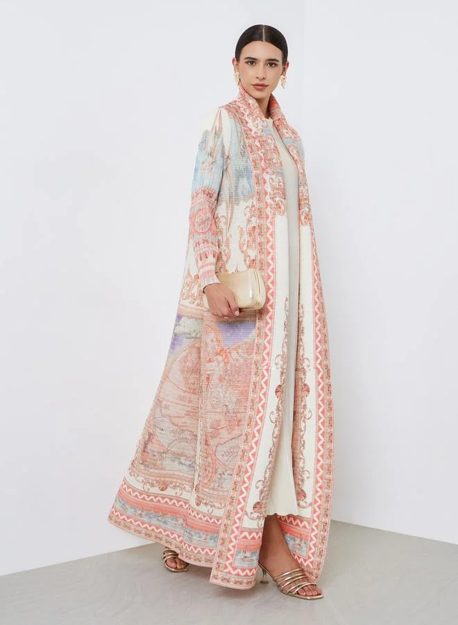 Take Two All-Over Printed Textured Pleated Long Sleeve Abaya