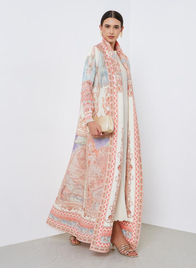 Take Two All-Over Printed Textured Pleated Long Sleeve Abaya - Image 1